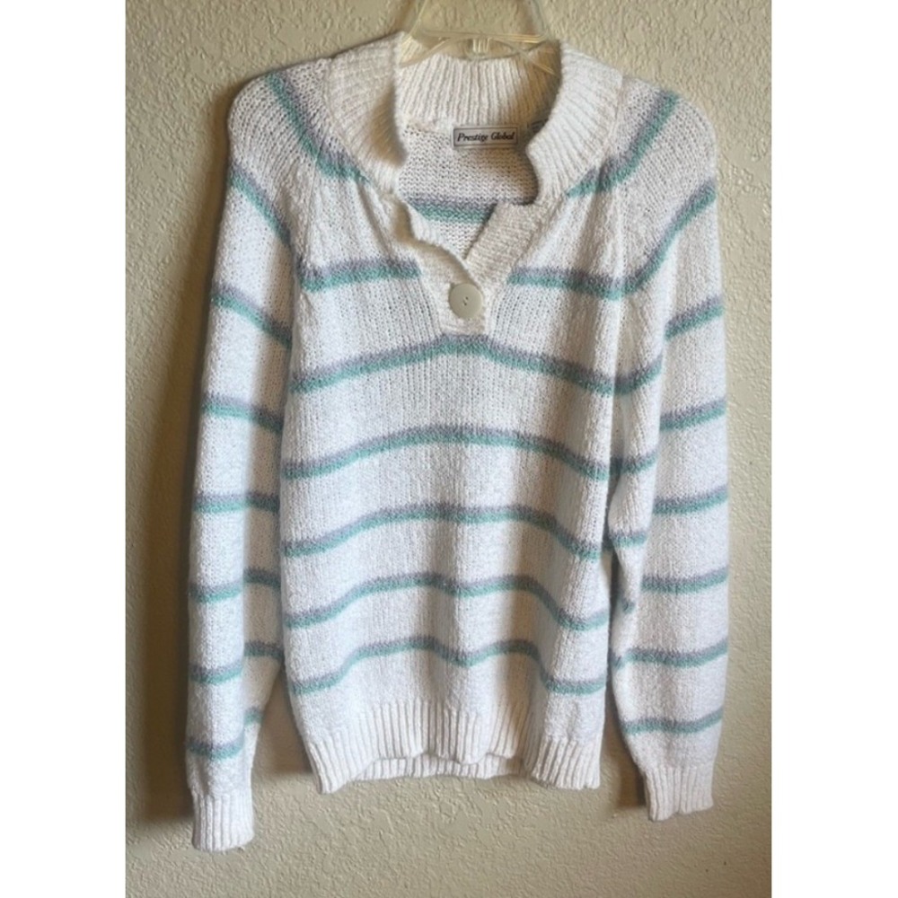 Prestige Global Womens M White Mint Stripe Knit Sweater Button Cowl Neck